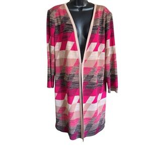 Misook Geometric Open Front Knit Cardigan Pink Tan Brown Size Large NWOT